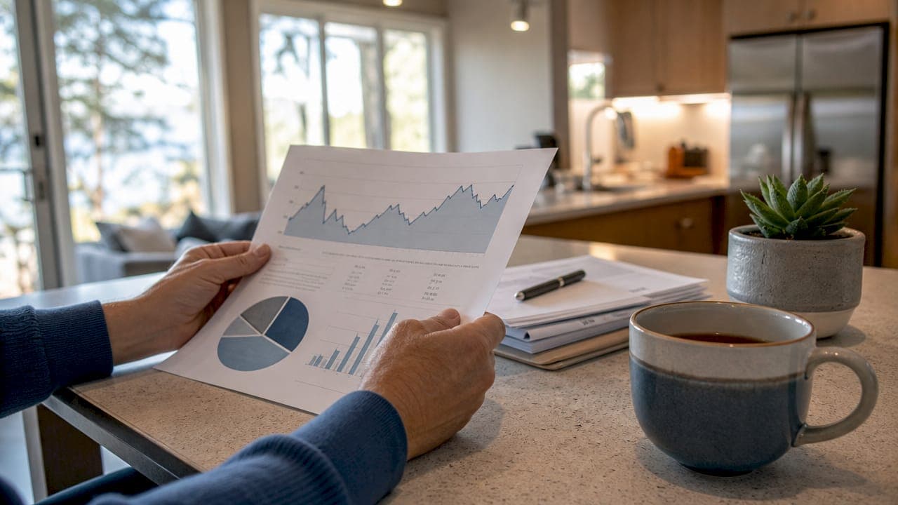 Hands holding property market analysis printout