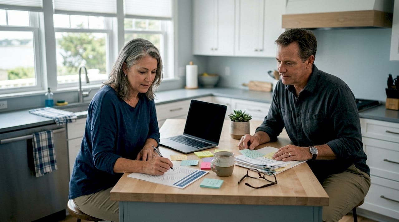 Couple reviewing house selling timeline documents