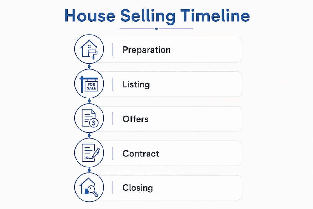 Infographic outlining house selling timeline stages in 2026 with five steps