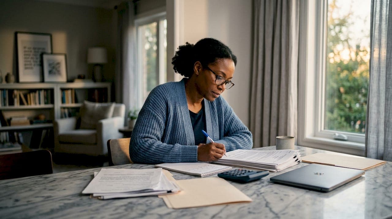 Woman reviewing inherited property documents at home