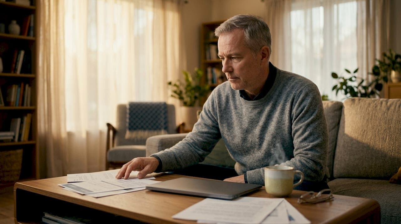 Man evaluating inherited property documents at home