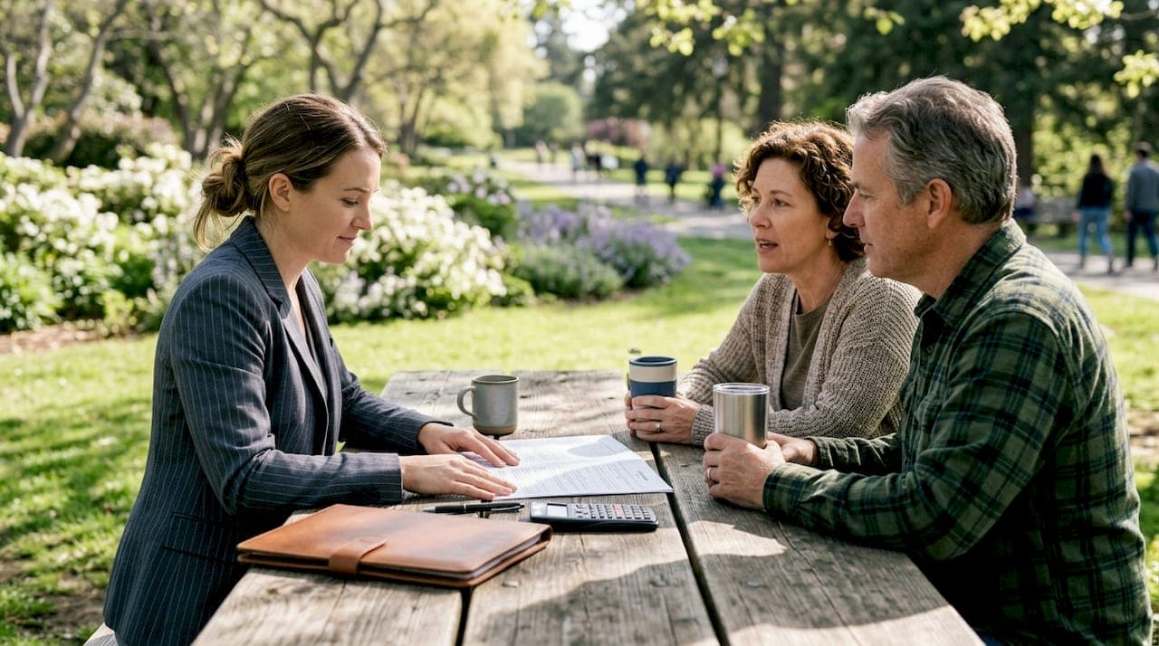 Real estate agent advising couple on rental property agreement